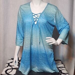J Valdi Blue Ombre Lace-Up Tunic Top Beach Cover Up Sheer